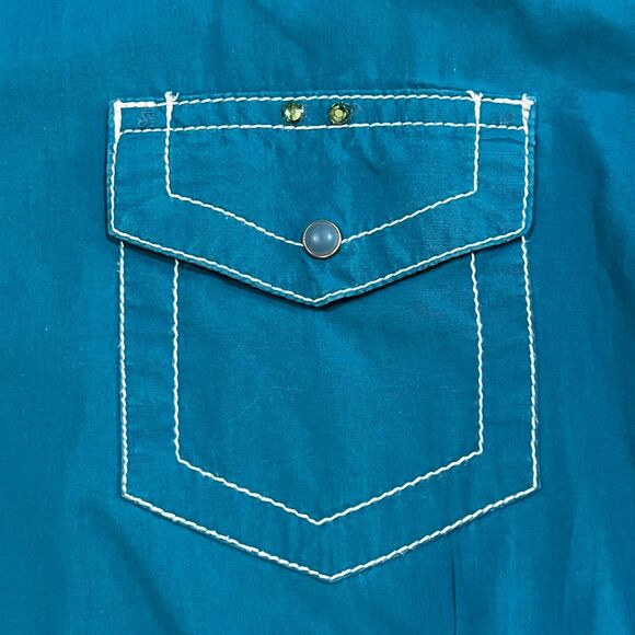 Vintage Y2K Ariat Western Pearl Snap Shirt Teal Rhinestone Rodeo Women’s XL - Picture 4 of 8